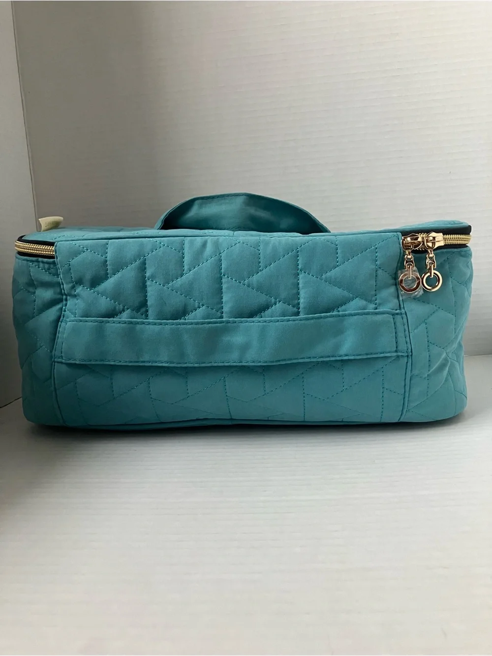 Quilted Teal Cosmetic Travel Case with Gold Zipper Compartments Brush Organizer