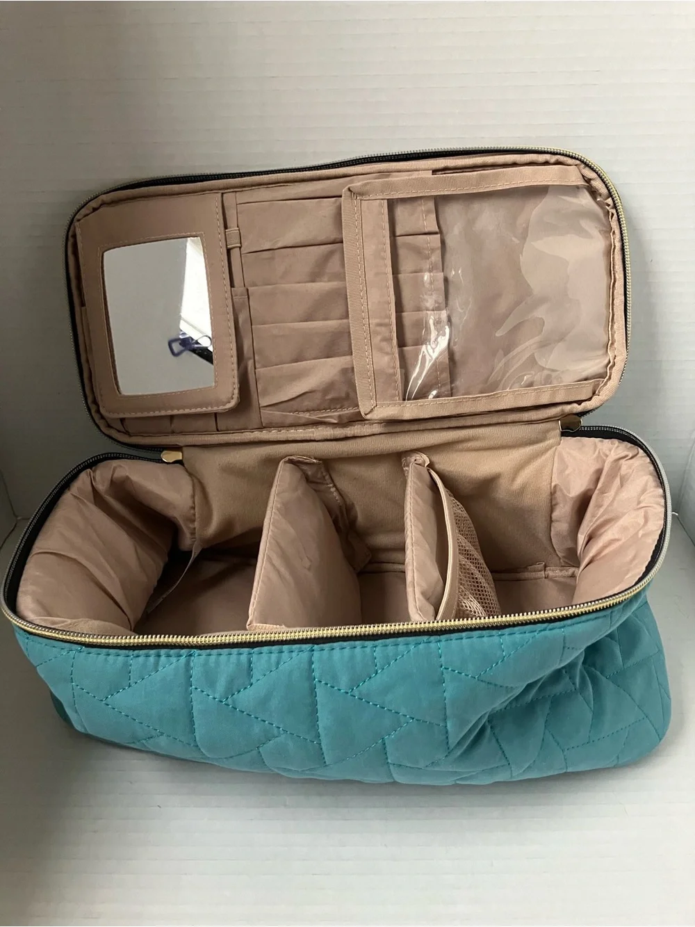 Quilted Teal Cosmetic Travel Case with Gold Zipper Compartments Brush Organizer