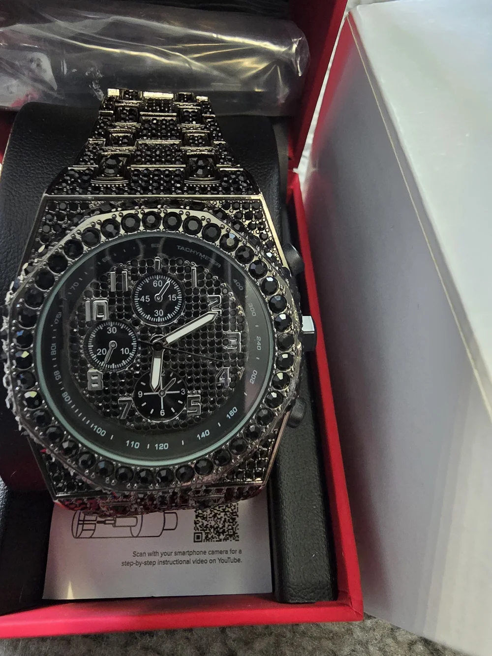 Black Men’s Crystal-Accented Chronograph Watch