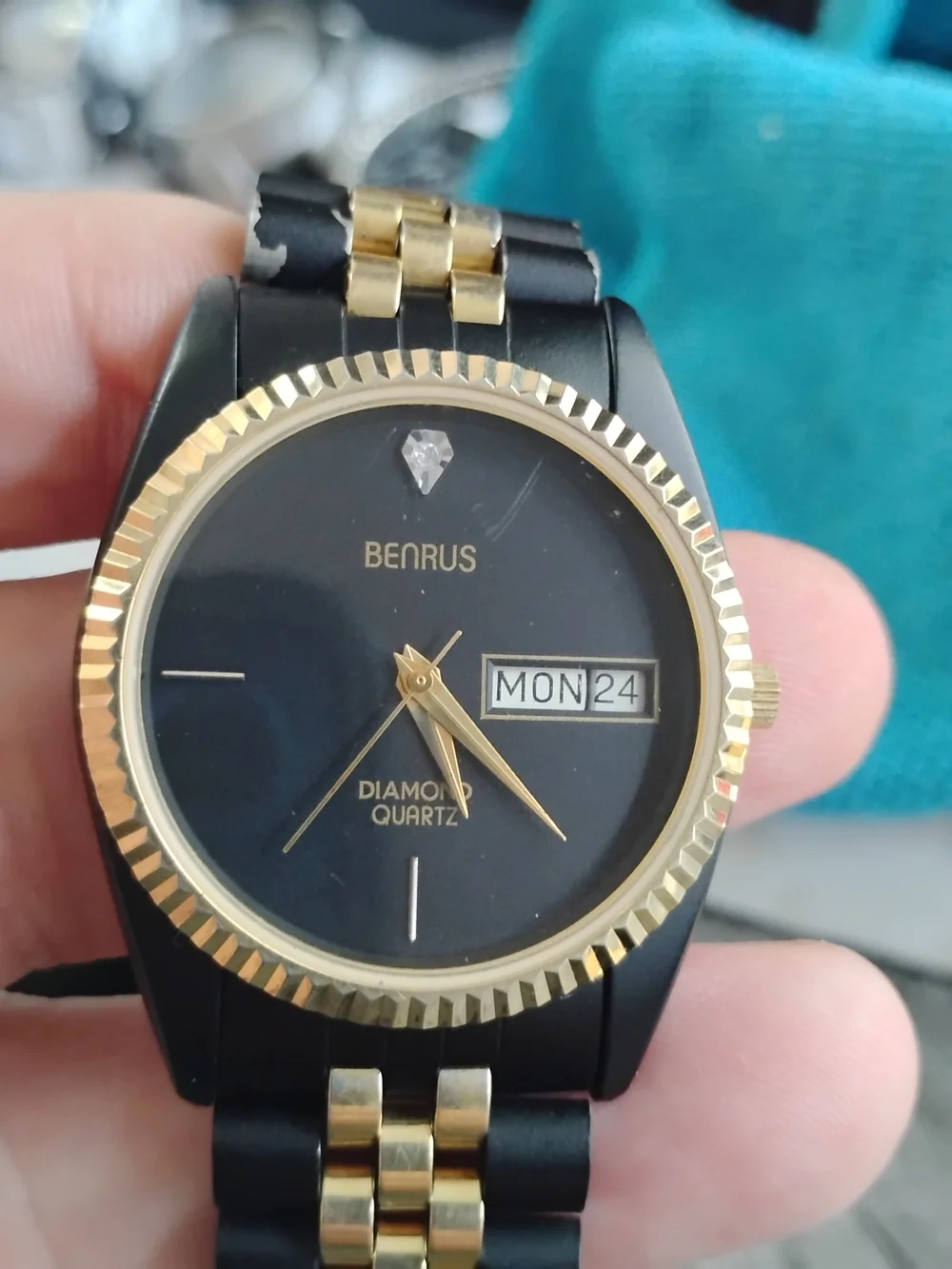 Men's Black and Gold Day-Date Diamond Quartz Watch