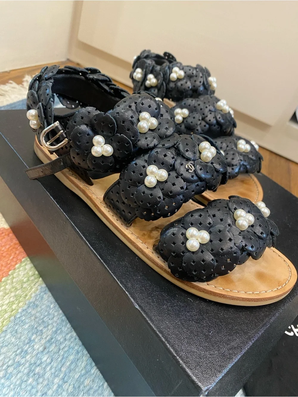 CHANEL G30545 Black Leather Pearl Camellia Sandals Size 37.5 / US 7.5 w/ Box