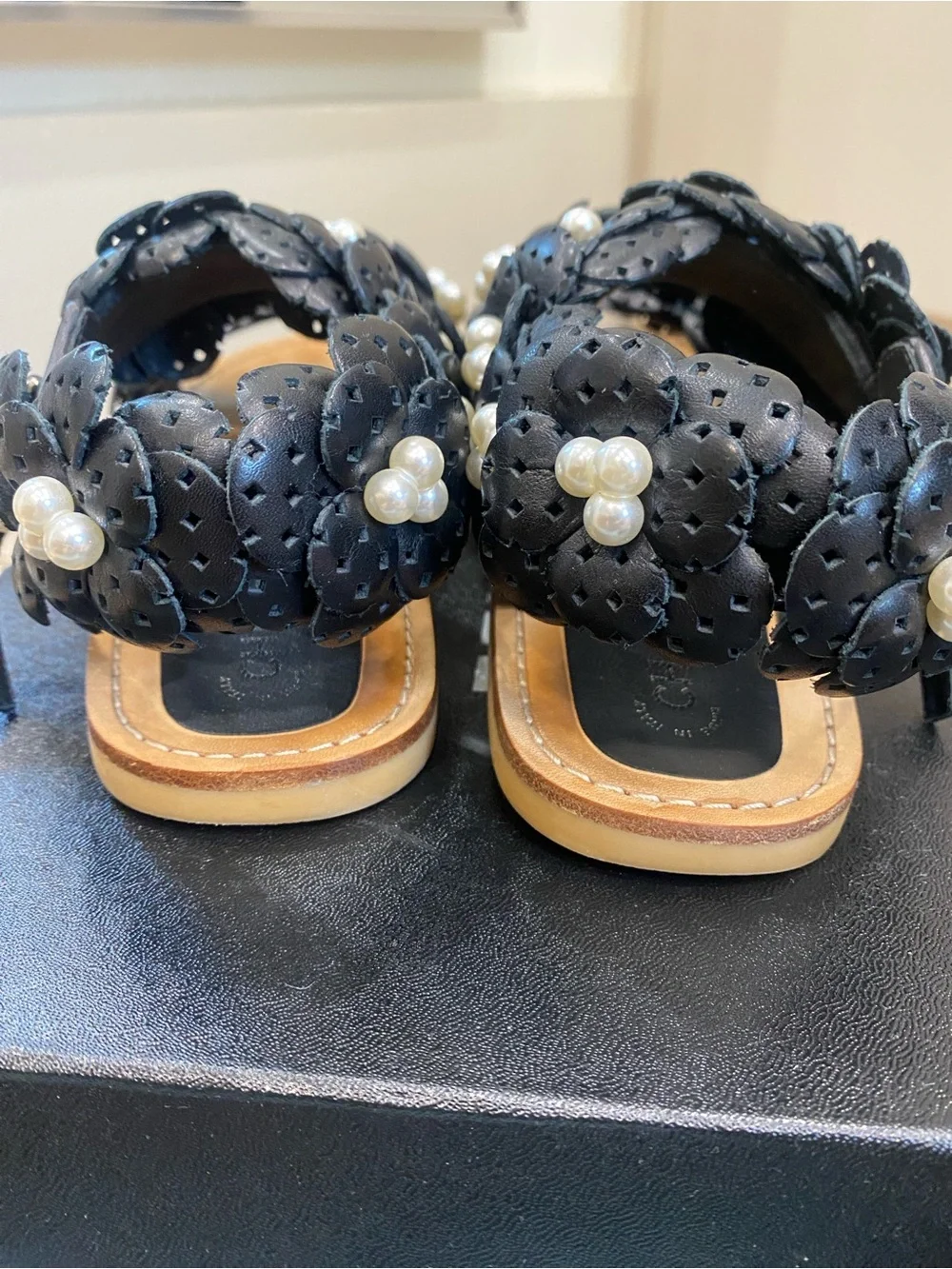 CHANEL G30545 Black Leather Pearl Camellia Sandals Size 37.5 / US 7.5 w/ Box