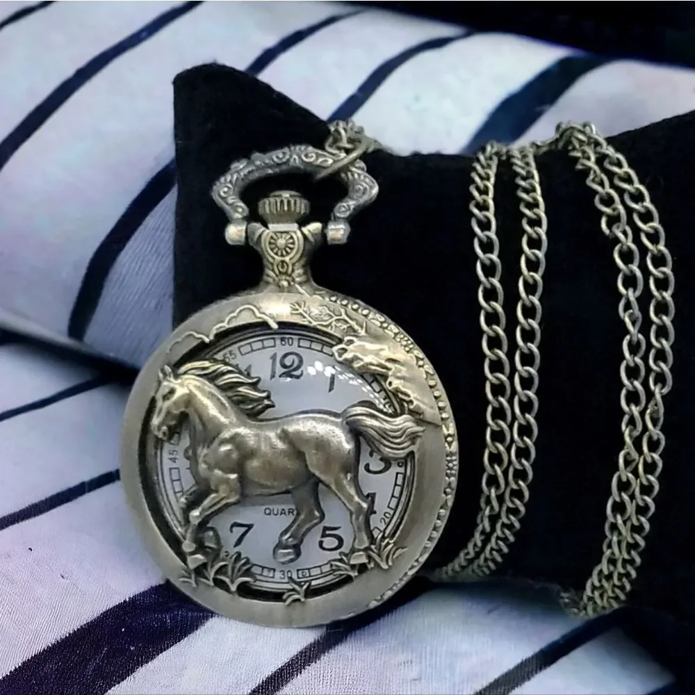 Horse Pocket Watch Antique Bronze Raised Stallion Quartz Chain Western Vintage