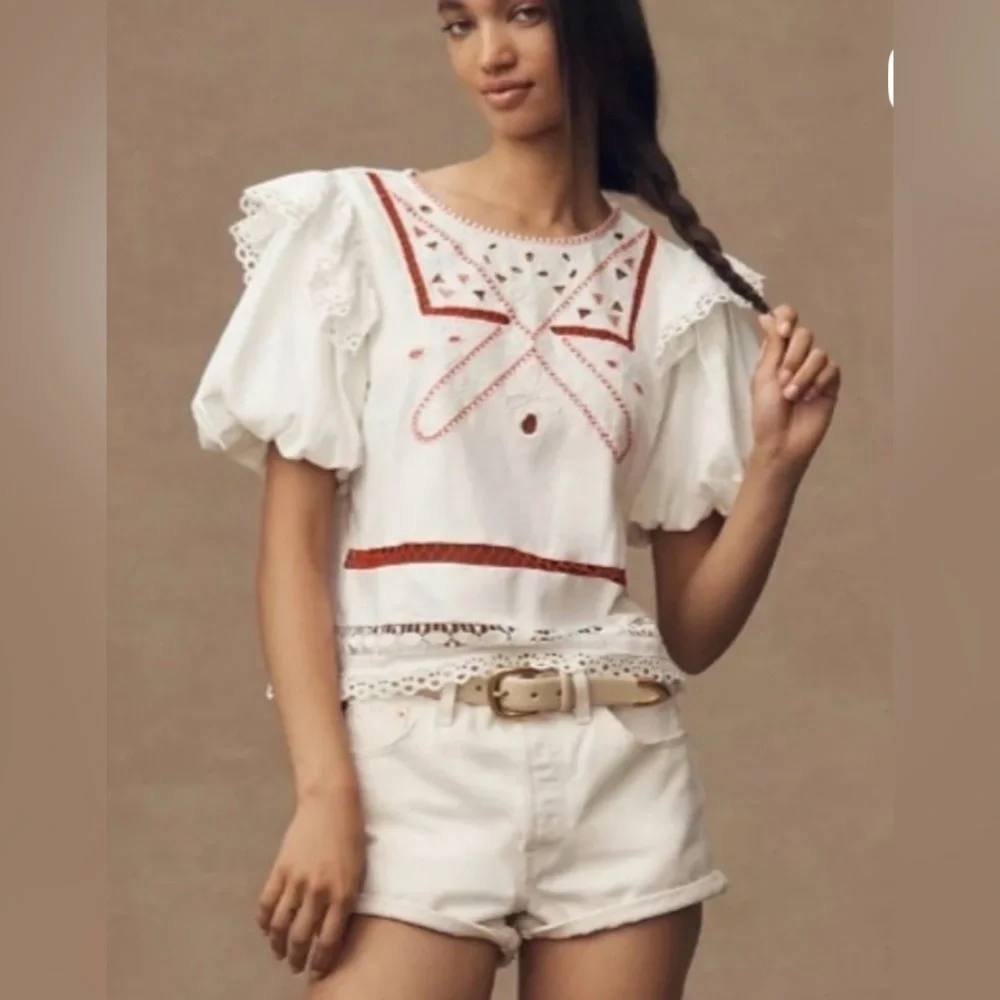 NWT By Anthropologie Puff Sleeve Cutwork Top with red embroidery Sz XL