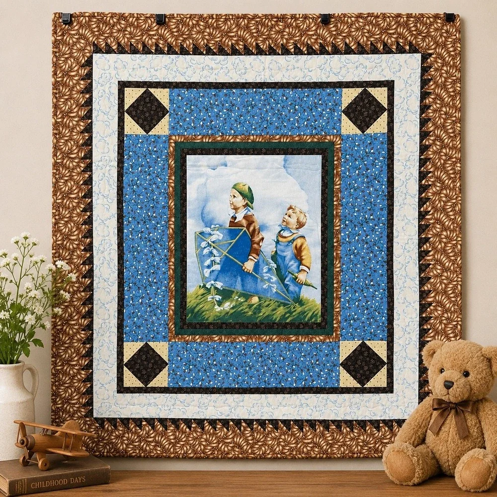 Handmade Children Flying Kite Quilt Wall Hanging‎ 32x34 Blue Brown