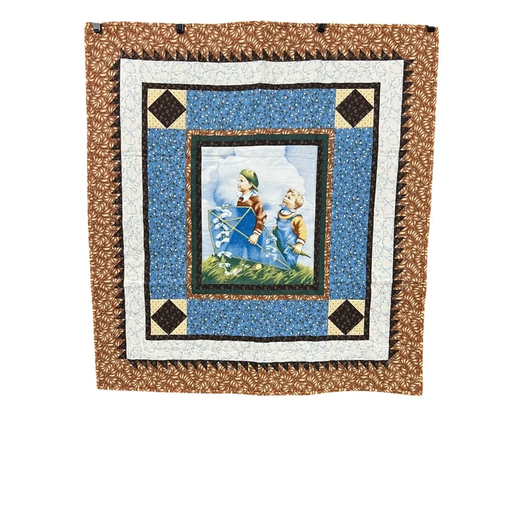 Handmade Children Flying Kite Quilt Wall Hanging‎ 32x34 Blue Brown