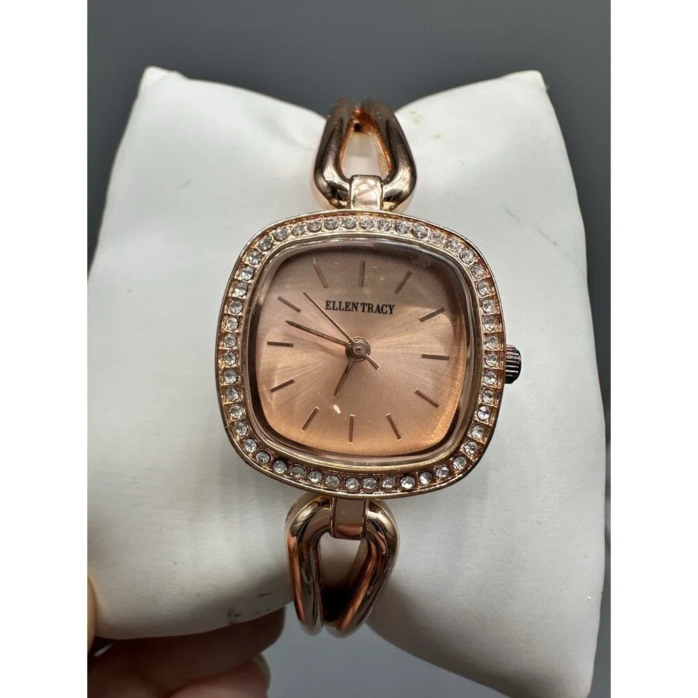 Rose Gold Ellen Tracy Ladies Halo Clamper Bangle Bracelet Watch New Battery