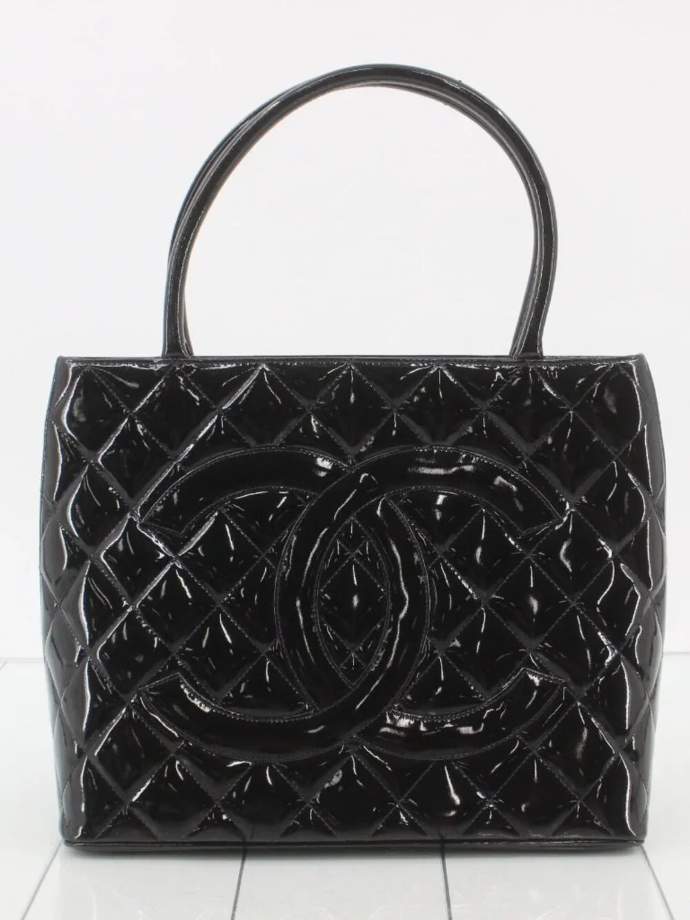 CHANEL Black Quilted Patent Leather Tote with Interlocking CC