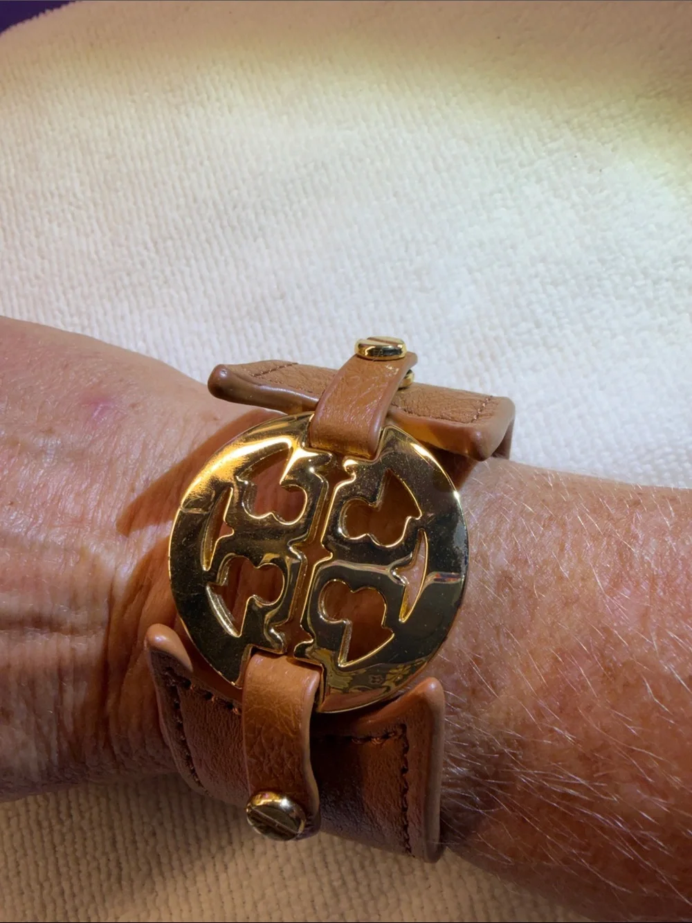 Tory Burch Double-T Leather Cuff Bracelet in Brown and Black