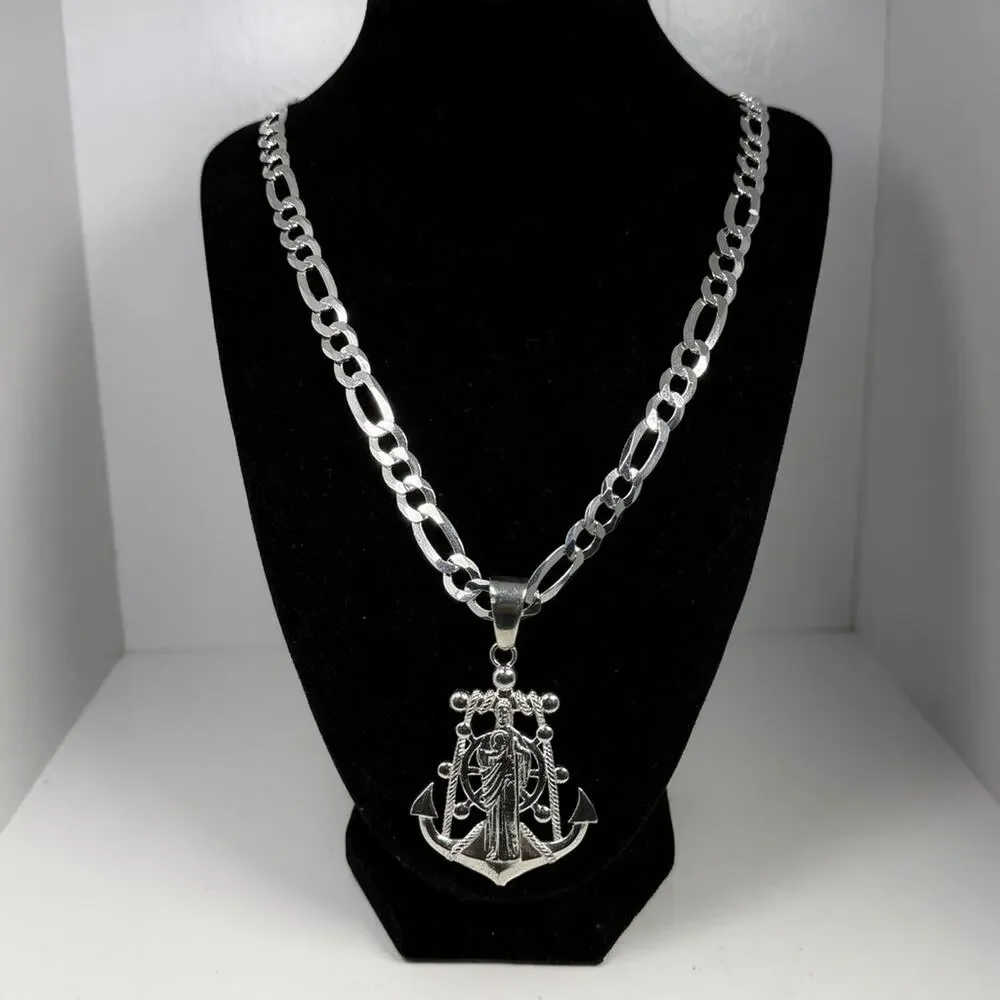 925 Sterling Silver Saint Jude Anchor Pendant Necklace 23 Inch 8.6mm Figaro