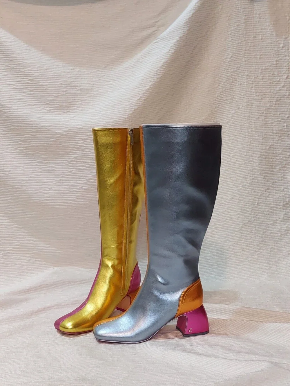 Metallic Two-Tone Knee Boots in Gold, Silver and Pink