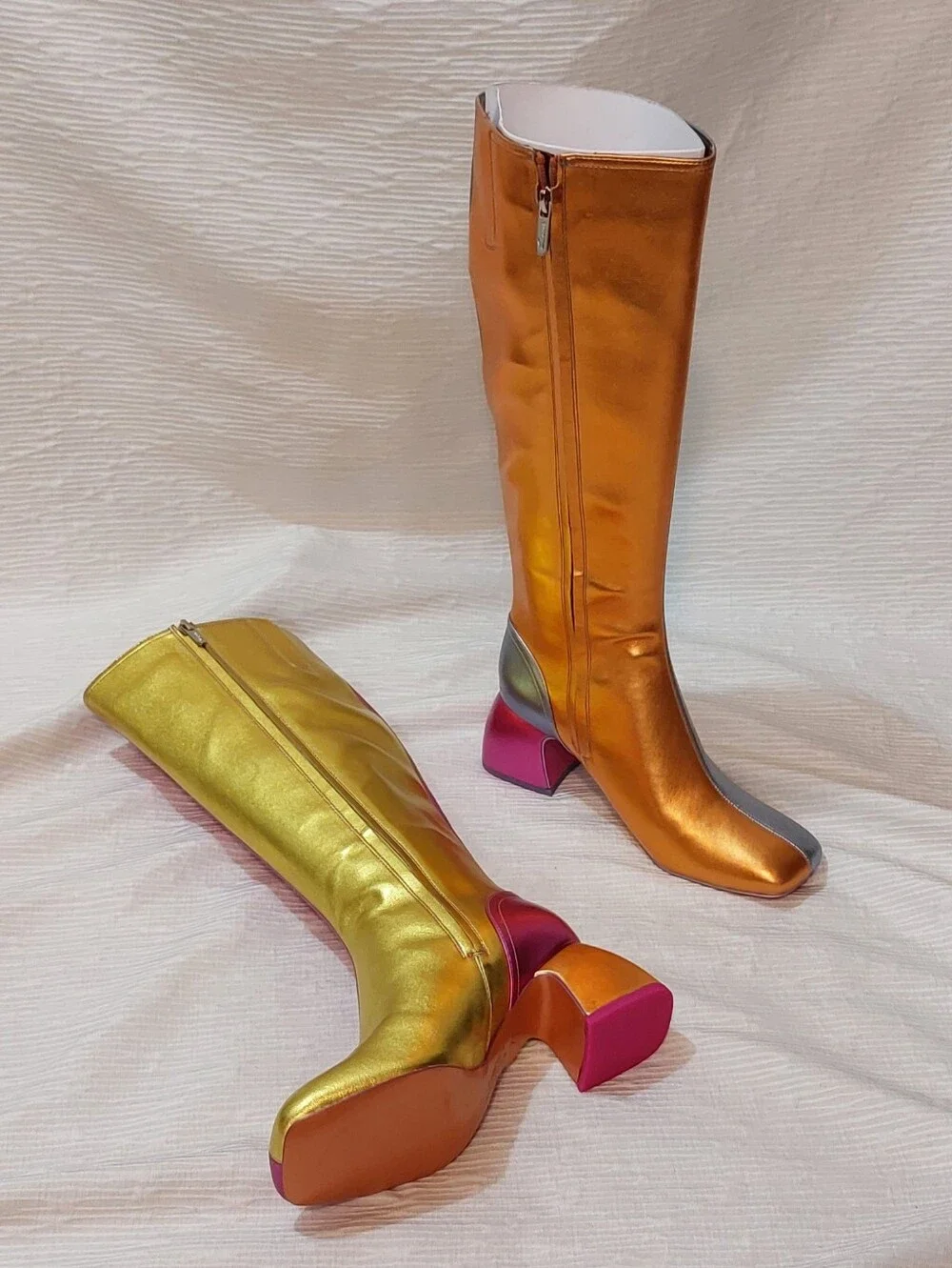 Metallic Two-Tone Knee Boots in Gold, Silver and Pink