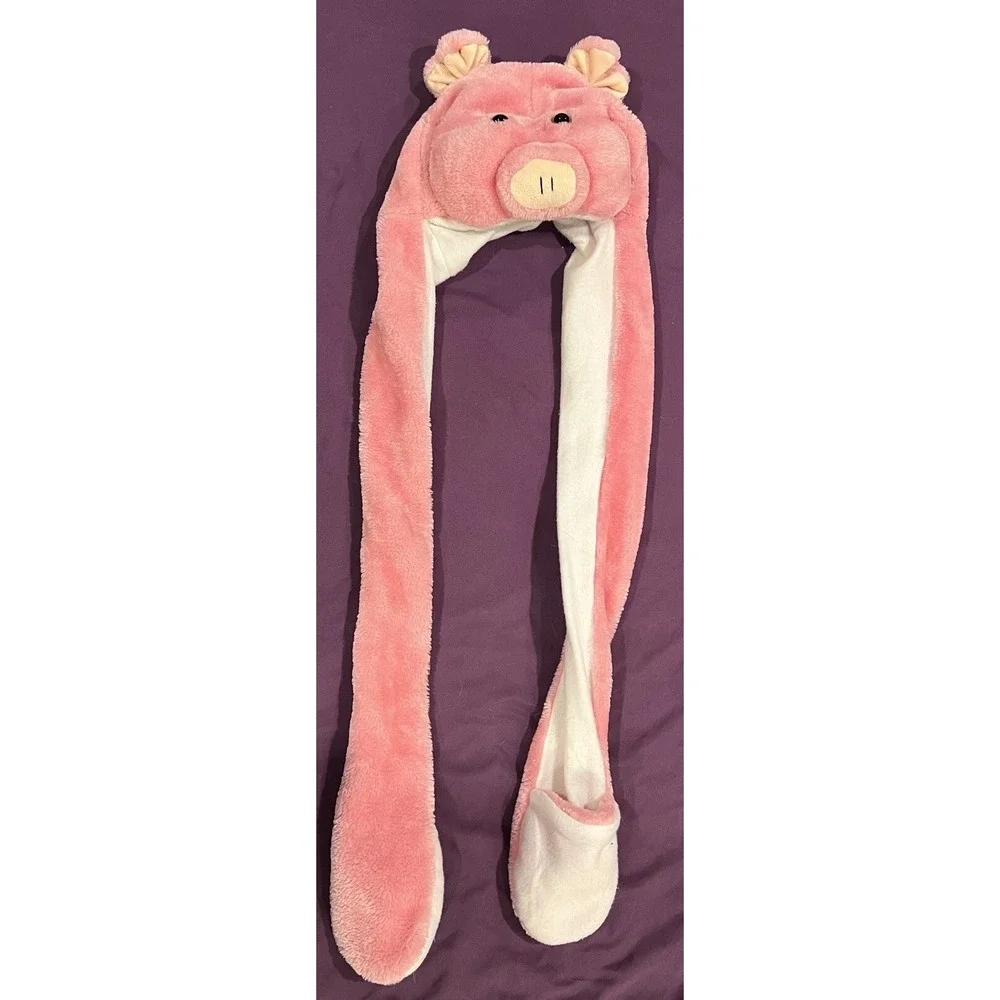Pig‎ Hat Animal Fluffy with Hood Scarf Long Mittens EUC