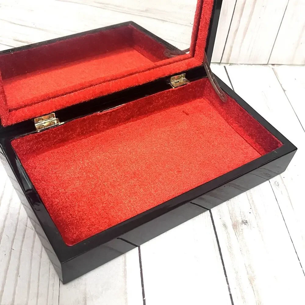 Vintage MCM Lacquer Jewelry Box Abstract Fish Colorful Retro Mirror Red Velvet