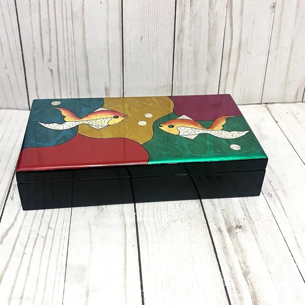 Vintage MCM Lacquer Jewelry Box Abstract Fish Colorful Retro Mirror Red Velvet