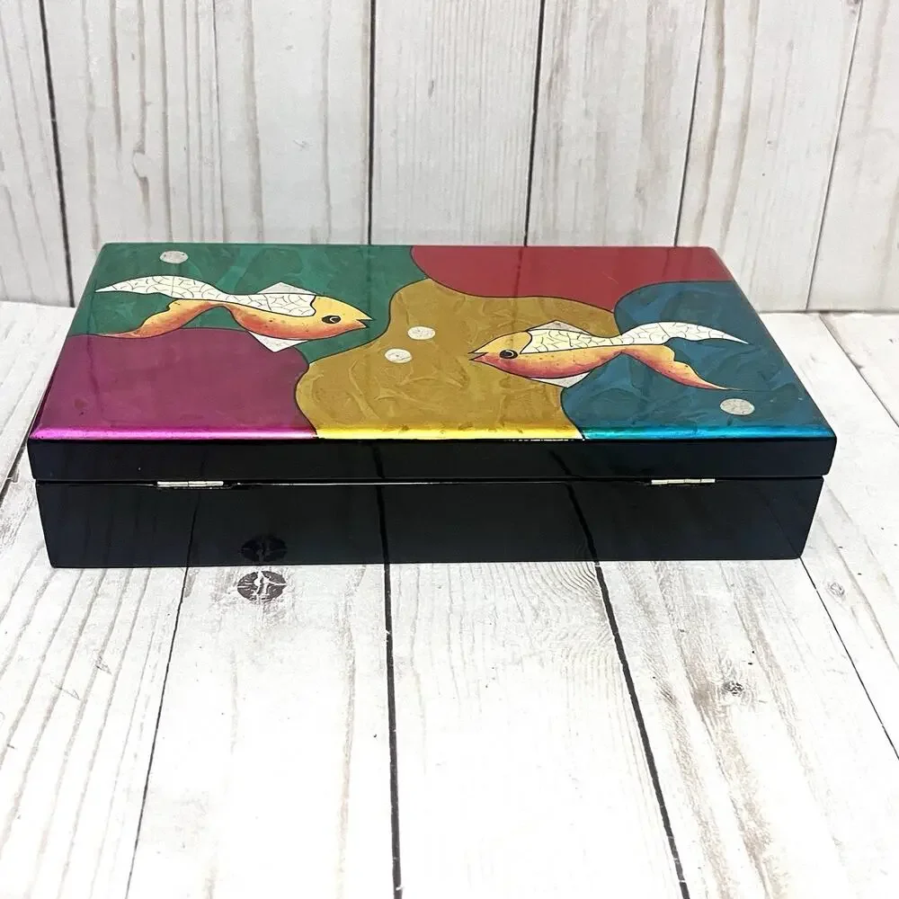 Vintage MCM Lacquer Jewelry Box Abstract Fish Colorful Retro Mirror Red Velvet