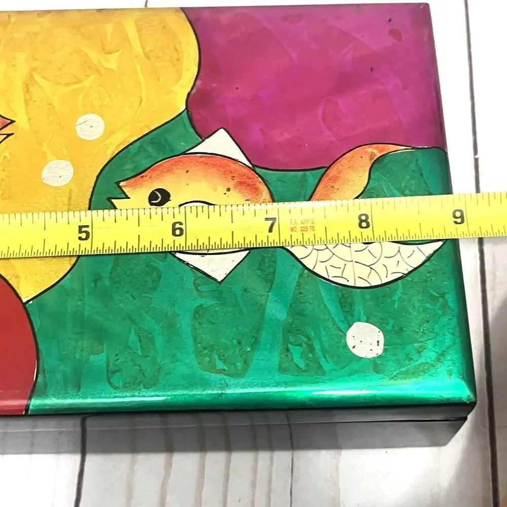 Vintage MCM Lacquer Jewelry Box Abstract Fish Colorful Retro Mirror Red Velvet