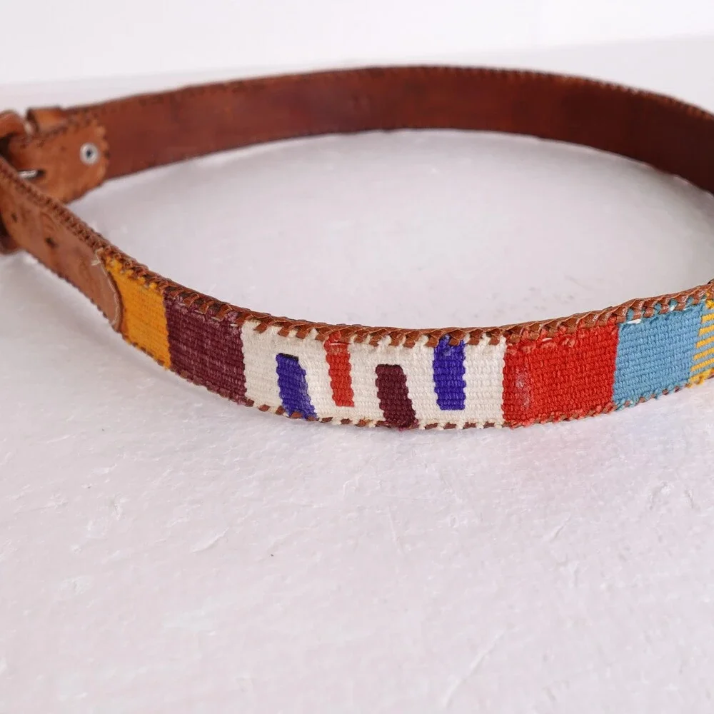 Vintage Woven Leather Belt Mens 32 Southwestern Tooled Boho Western 90s