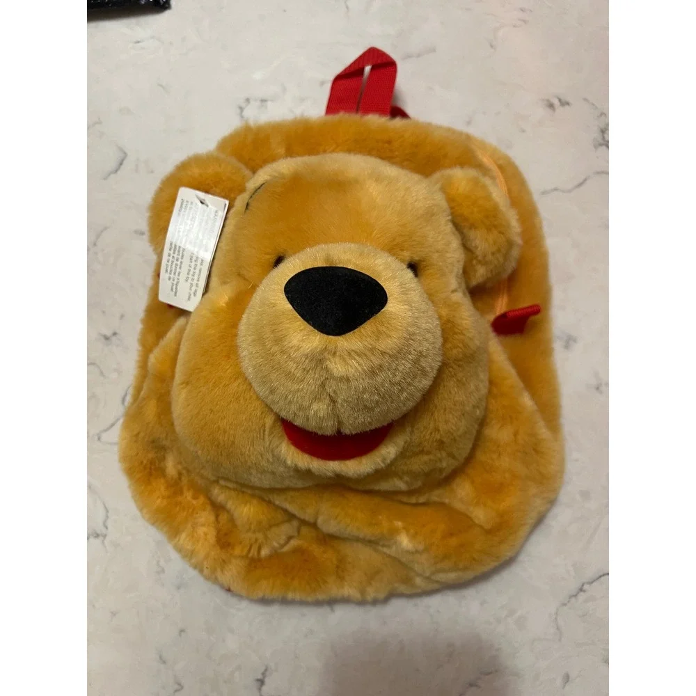 Disney Store Winnie the Pooh Plush Backpack Faux Fur‎ Yellow Red Straps RN84167