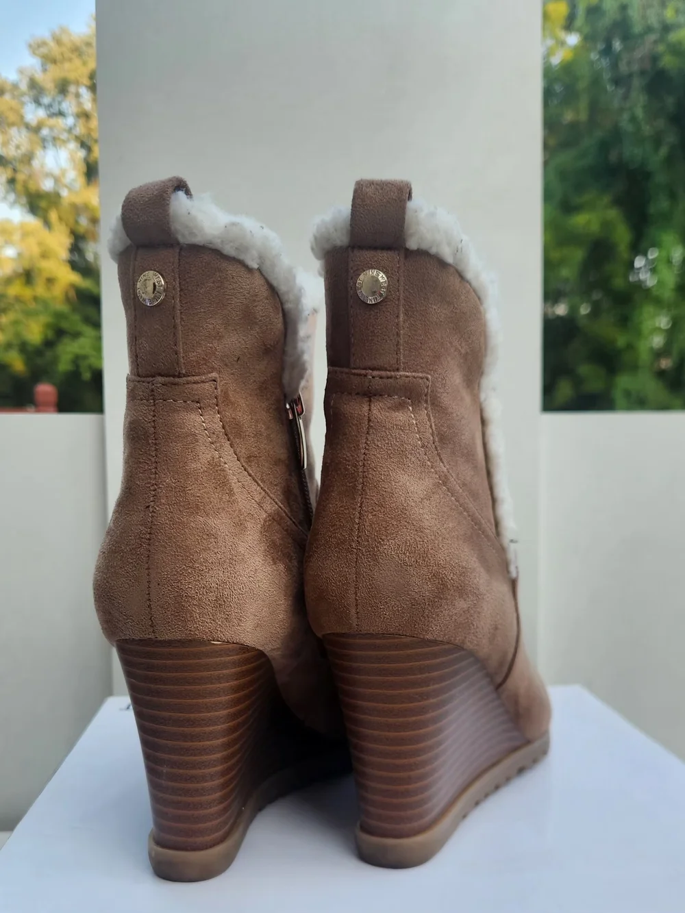 Nine West Women's Tan Suede Wedge Booties with Shearling Trim