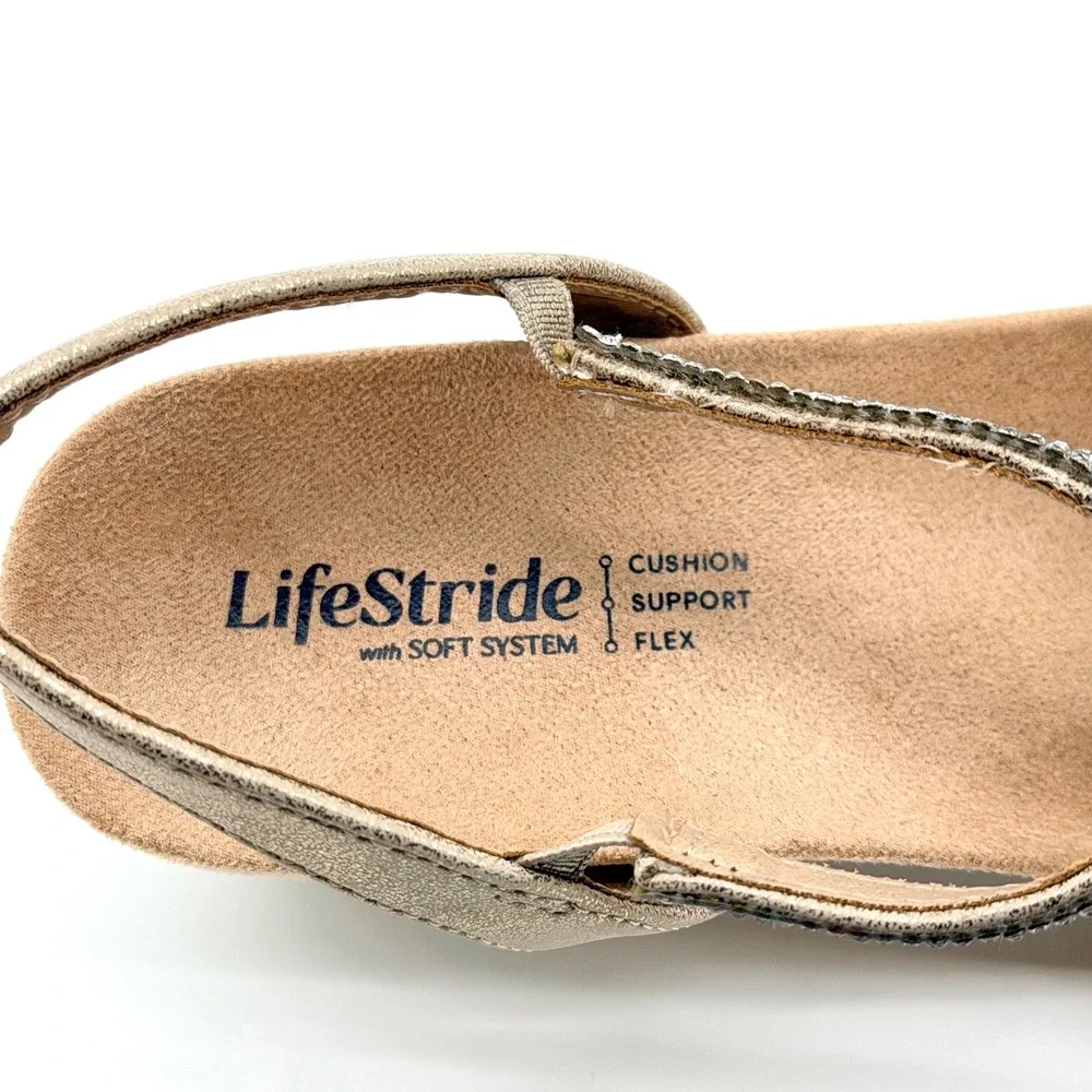 LifeStride Miami Wedge Sandals Women 7M Gold Excellent Rhinestone Strappy Dressy