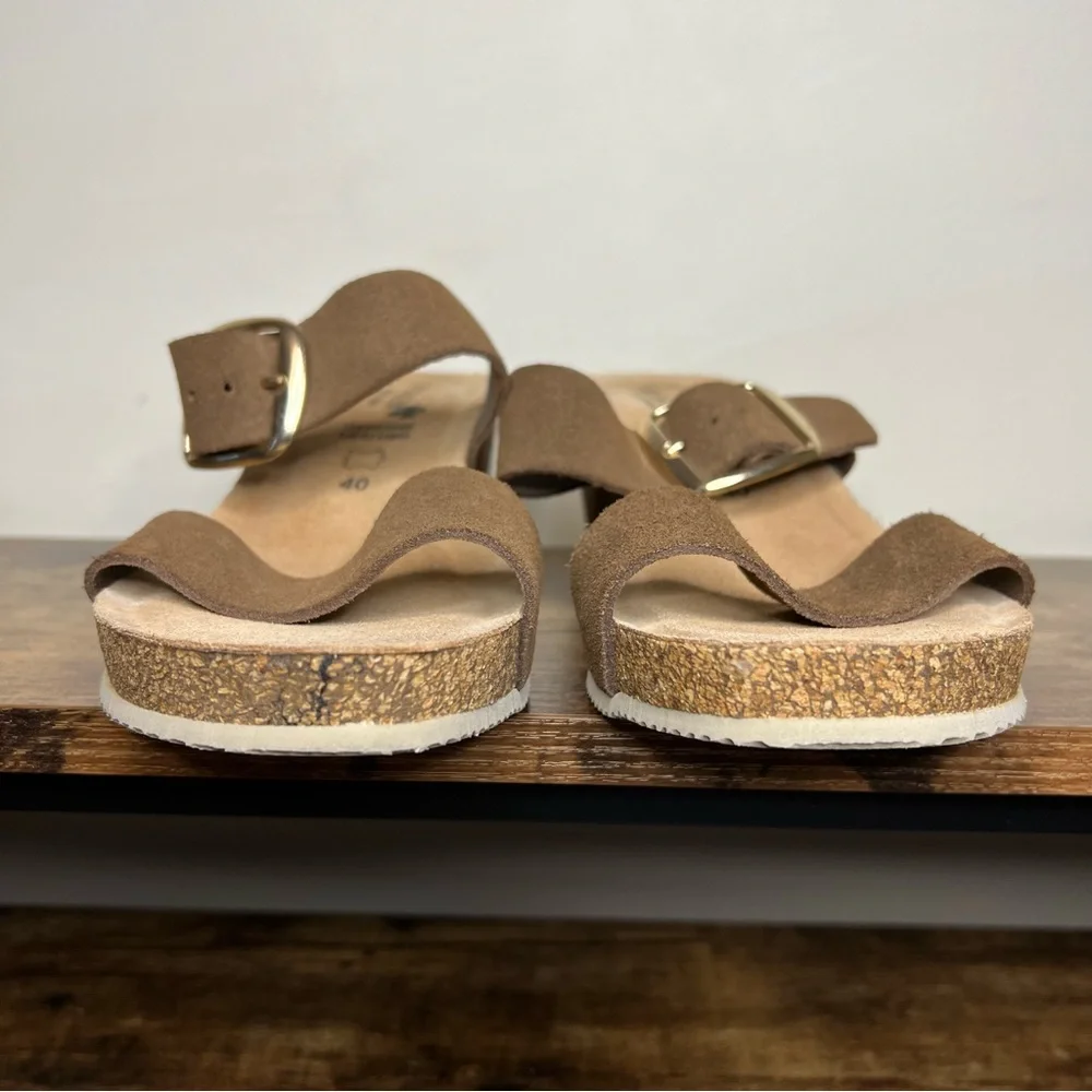 Bio‎ Green Cork Wedge Brown Leather Double Strap Made in Spain women's 40 8.5