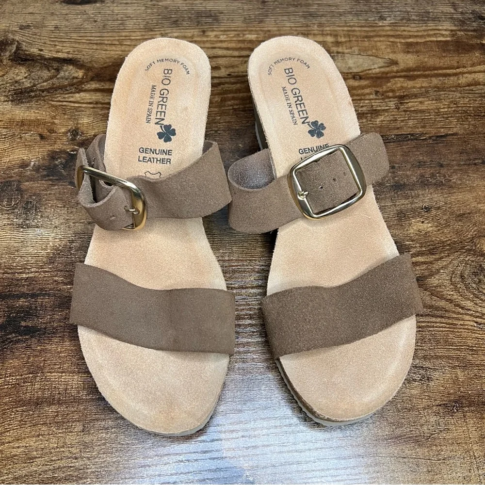 Bio‎ Green Cork Wedge Brown Leather Double Strap Made in Spain women's 40 8.5