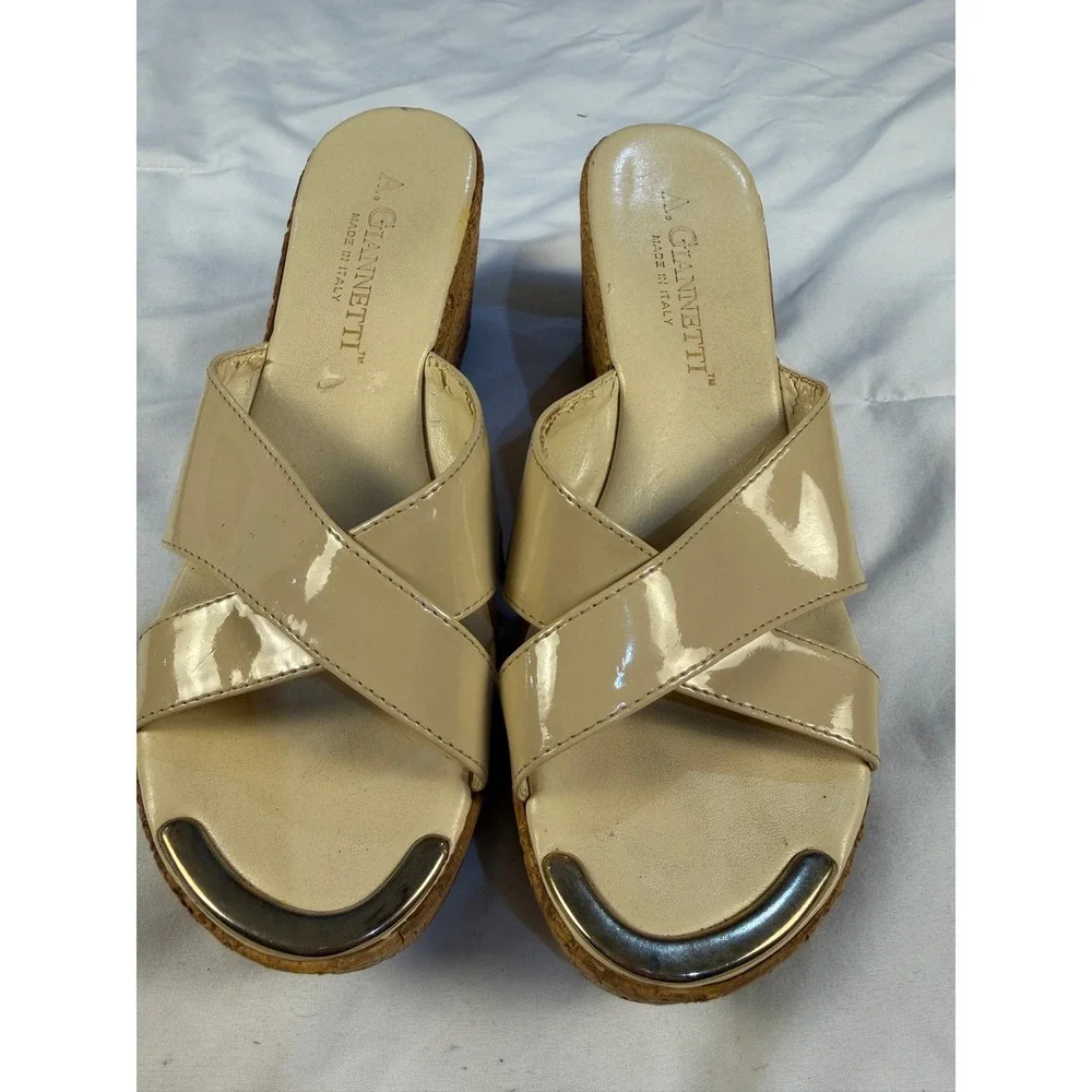 A Giannetti Wedge Sandals Patent Leather Cork Heel Made in Italy Women's Size 8‎