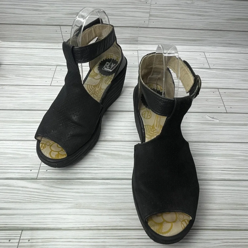 Fly London Womens‎ YALL962FLY Black Leather Peep Toe Wedge Sandals Size 38