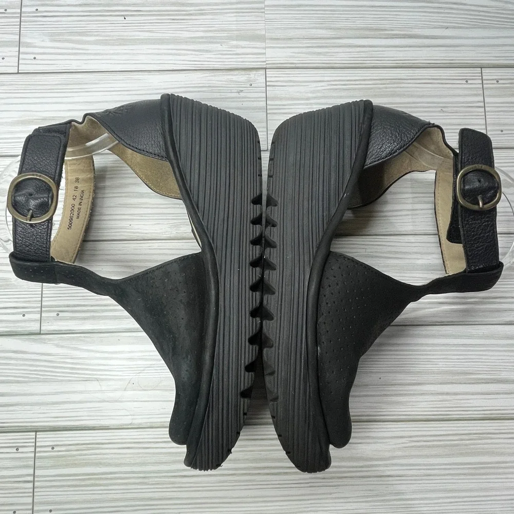 Fly London Womens‎ YALL962FLY Black Leather Peep Toe Wedge Sandals Size 38