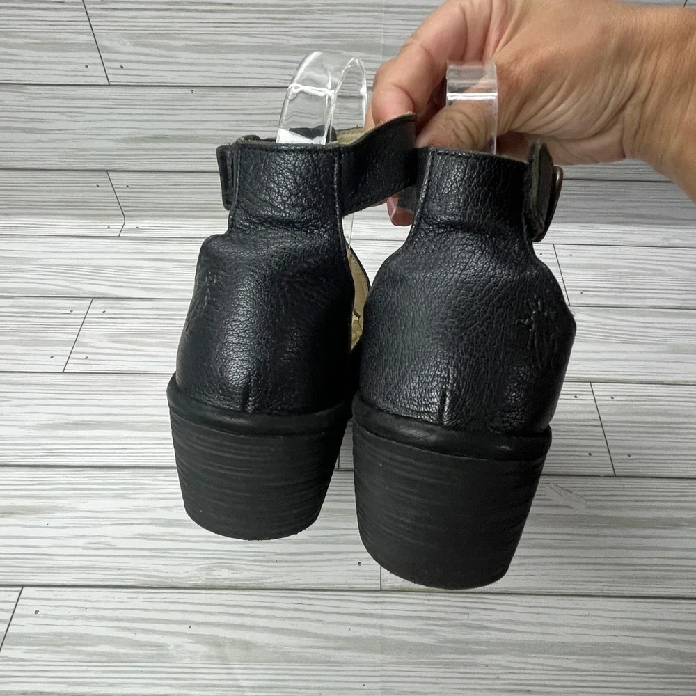 Fly London Womens‎ YALL962FLY Black Leather Peep Toe Wedge Sandals Size 38
