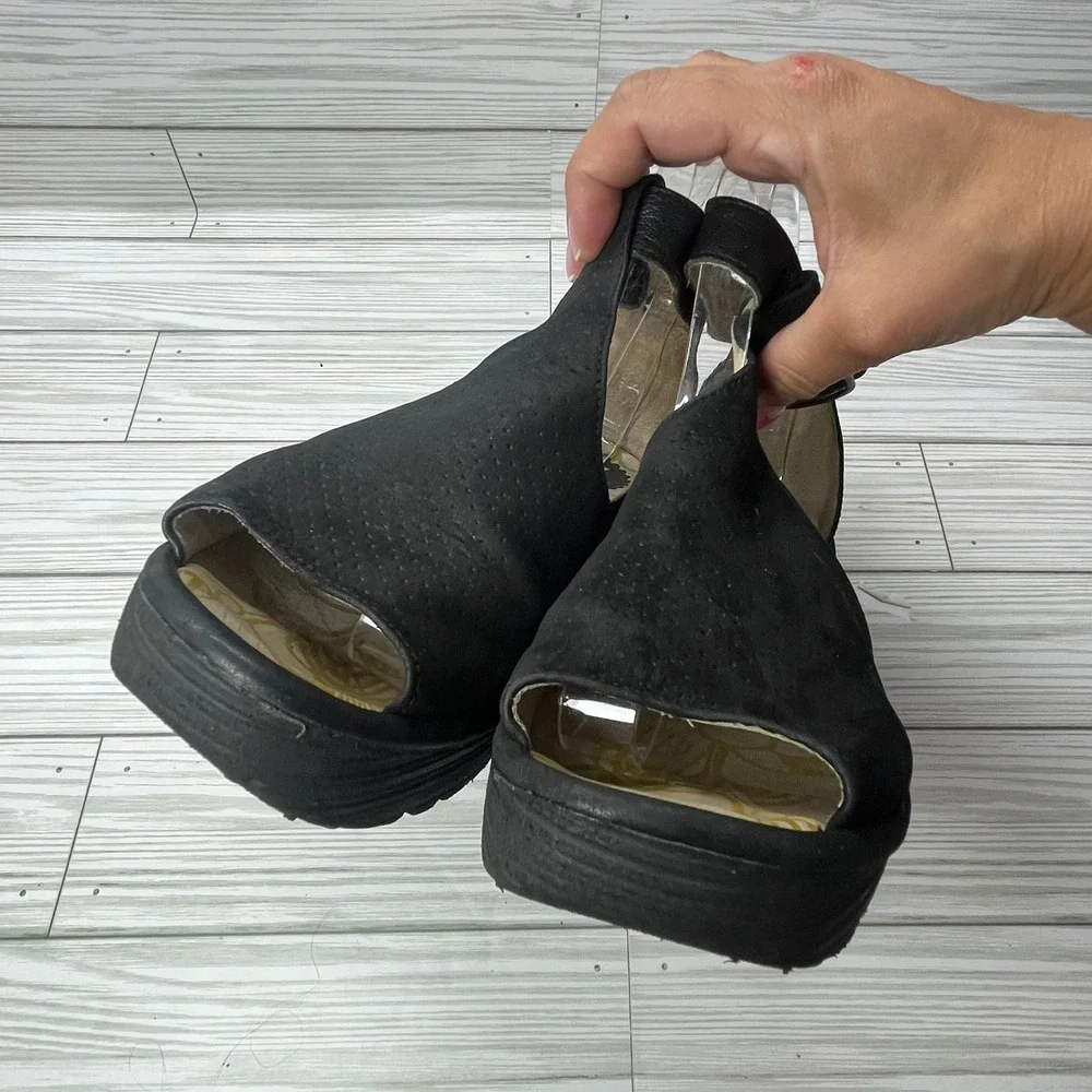 Fly London Womens‎ YALL962FLY Black Leather Peep Toe Wedge Sandals Size 38