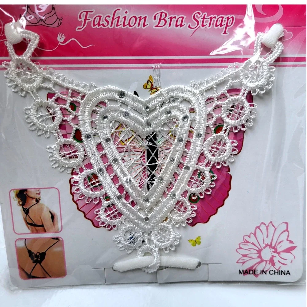 Fashion Bra Strap Replacement White Heart Lace Rhinestone Applique Embellishment