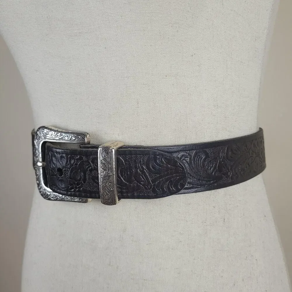Vintage Liz Claiborne Belt XL Black Leather Tooled‎ Western Floral Cowgirl Boho