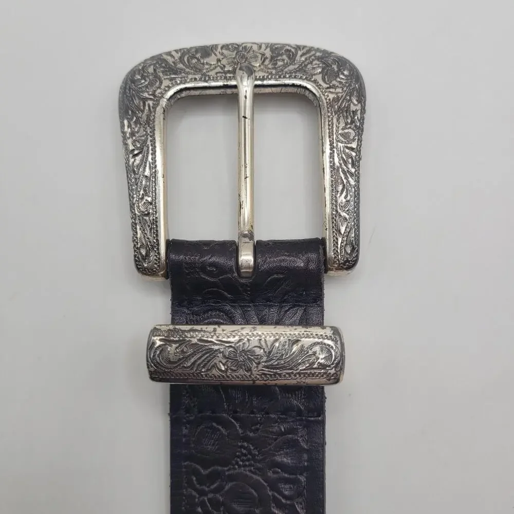 Vintage Liz Claiborne Belt XL Black Leather Tooled‎ Western Floral Cowgirl Boho