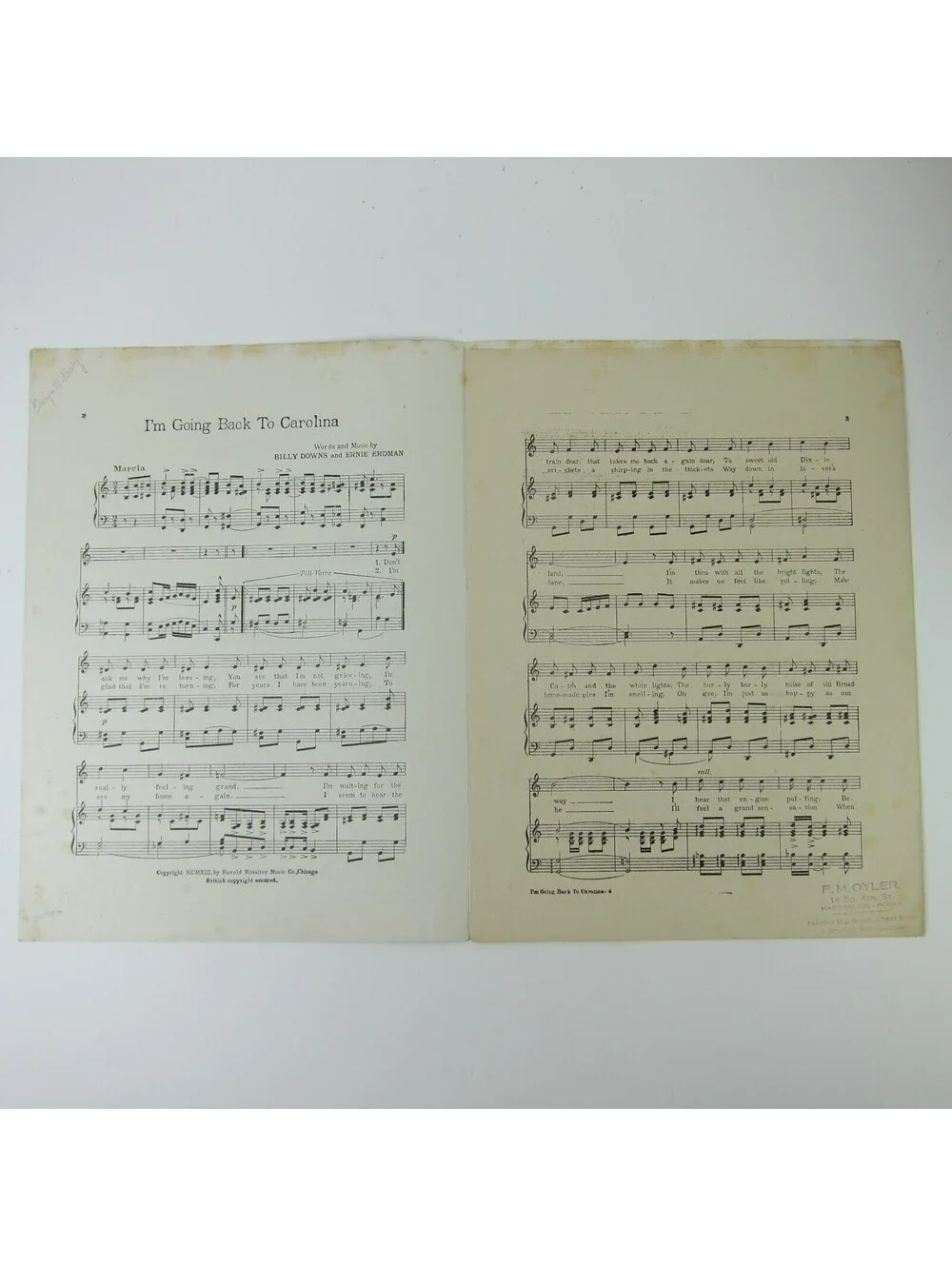 Sheet Music I'm Going Back To Carolina Train Summers & Morris Cover Antique 1913