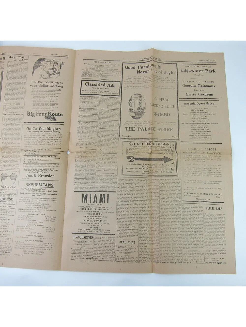 The Ansonian Newspaper Ansonia Darke County Ohio Thursday Apr 1928 Antique RARE