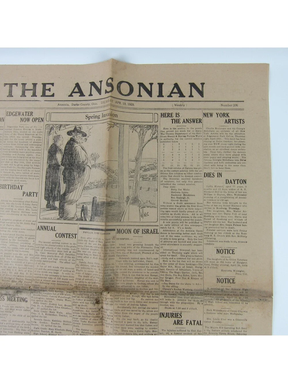 The Ansonian Newspaper Ansonia Darke County Ohio Thursday Apr 1928 Antique RARE