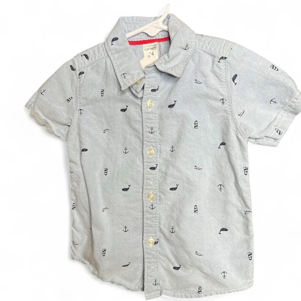 Carters Toddler Boy Nautical Chambray Short Sleeve Whale Anchor Button Shirt 24M