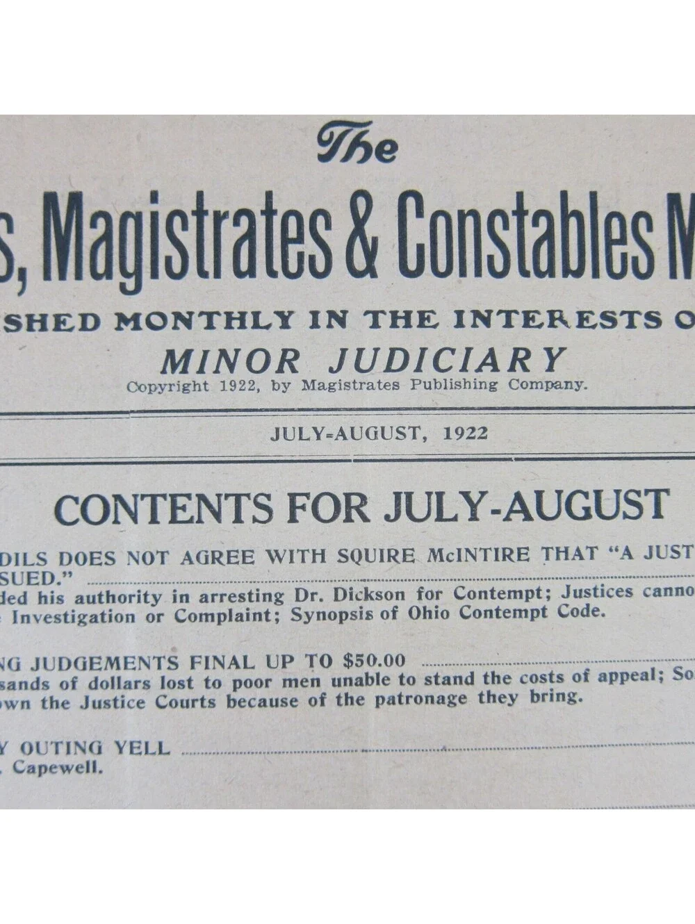 Justices Magistrates & Constables Magazine Ohio July - August 1922 Antique RARE