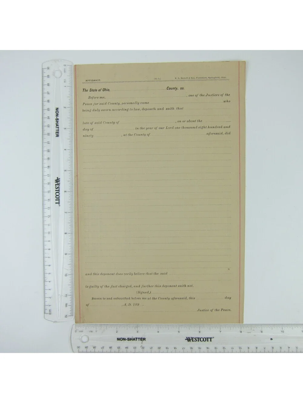 1890s Ohio Affidavit For State Warrant Record Form Blank Justice Antique RARE