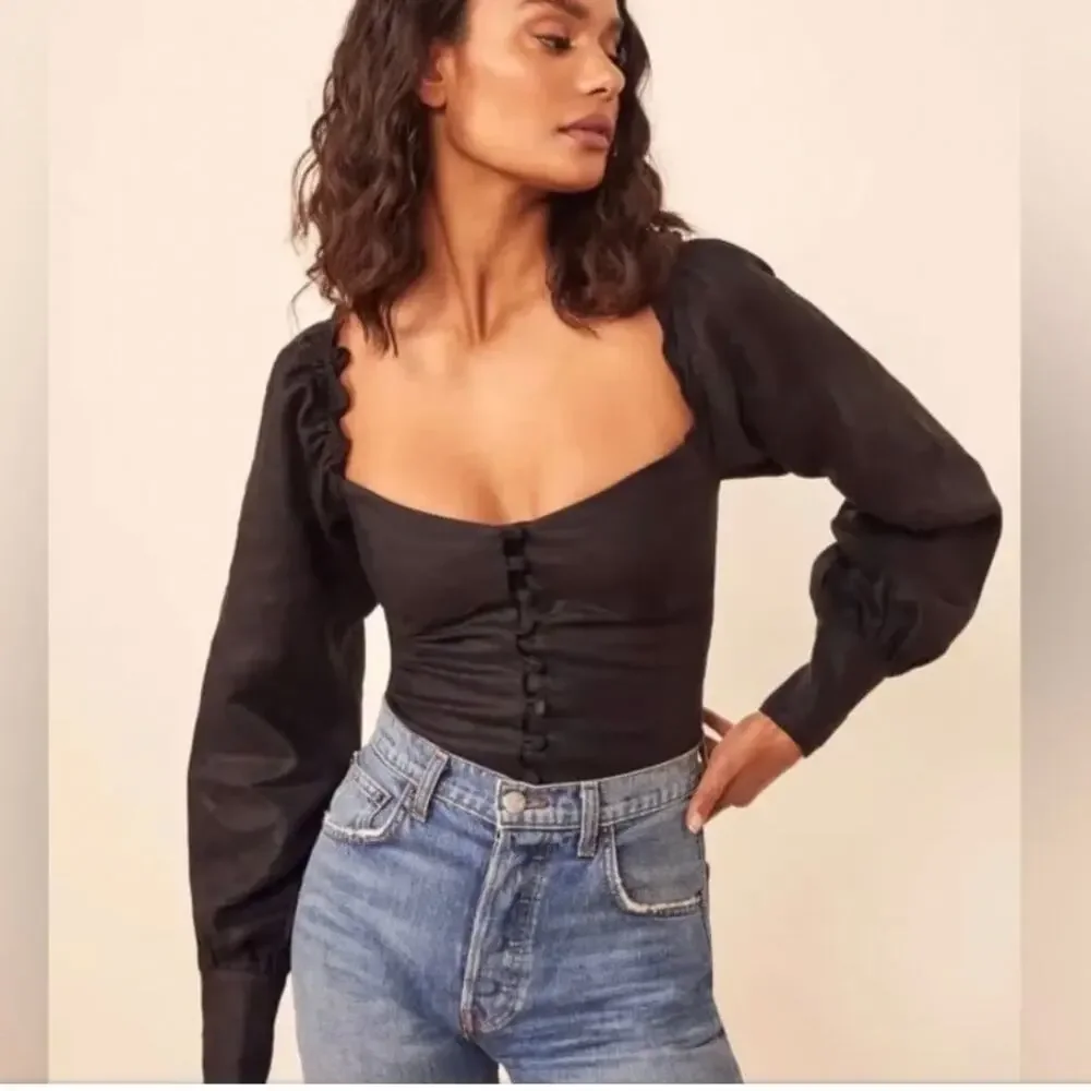 Reformation Hogan Long Sleeve Linen Top Black Size XS / 0