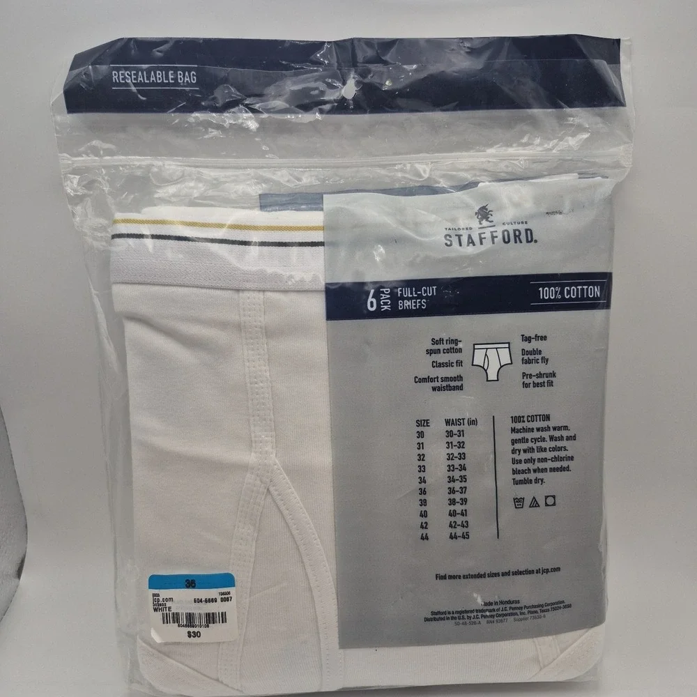 Stafford JCPenney Mens Size 36 Full-Cut Briefs 6 Pack White | New Old Stock