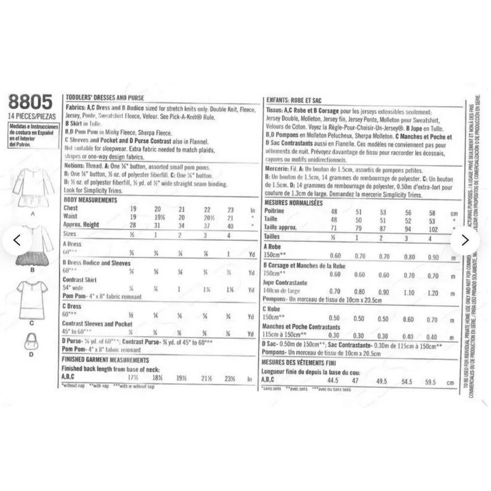 Simplicity Sewing Pattern 8805 Toddlers Dresses Purse Size 1/2-4‎
