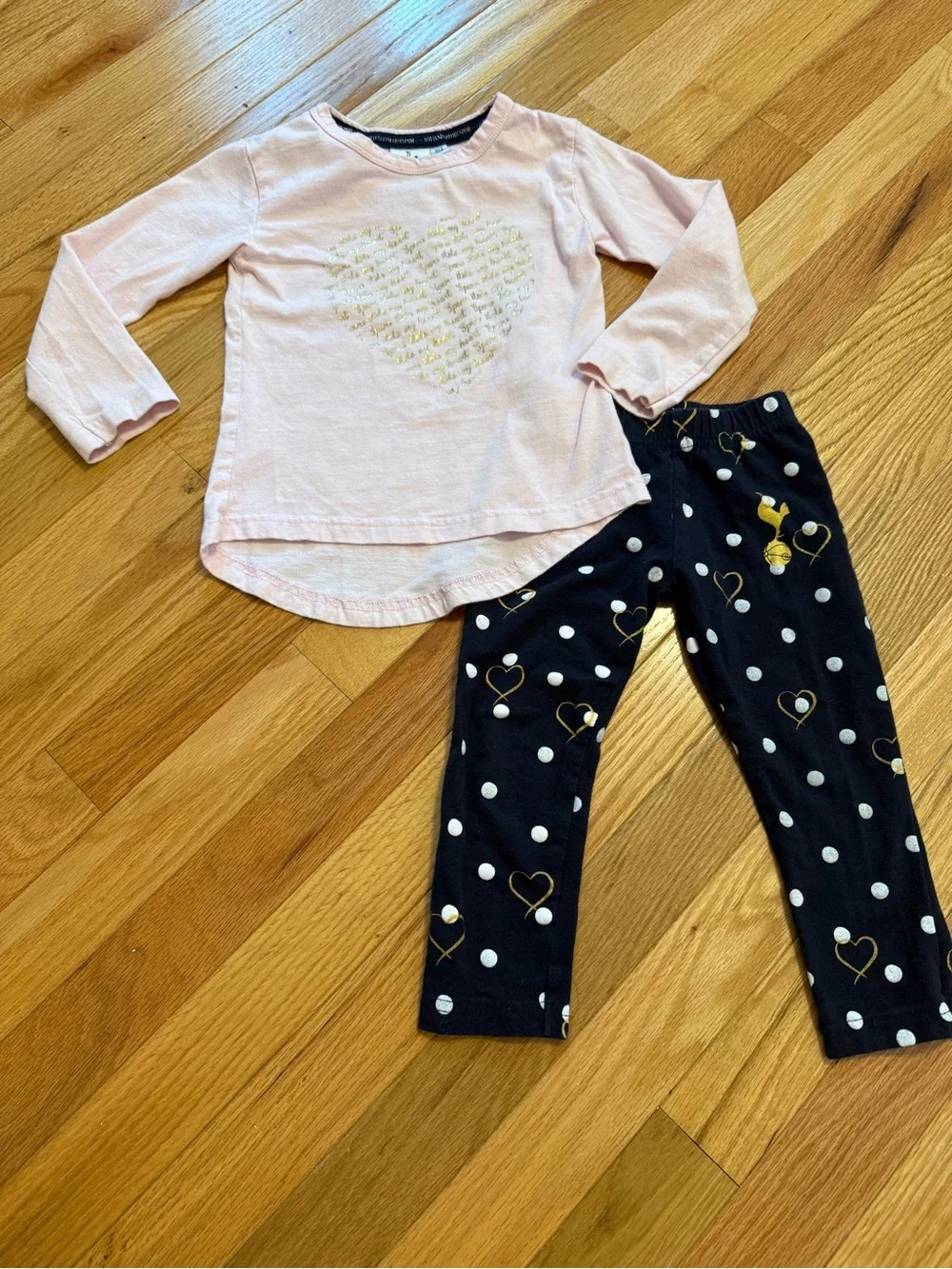 Girls Tottenham Hotspur Pink Heart Long-Sleeve Top & Navy Polka Dot Leggings Set