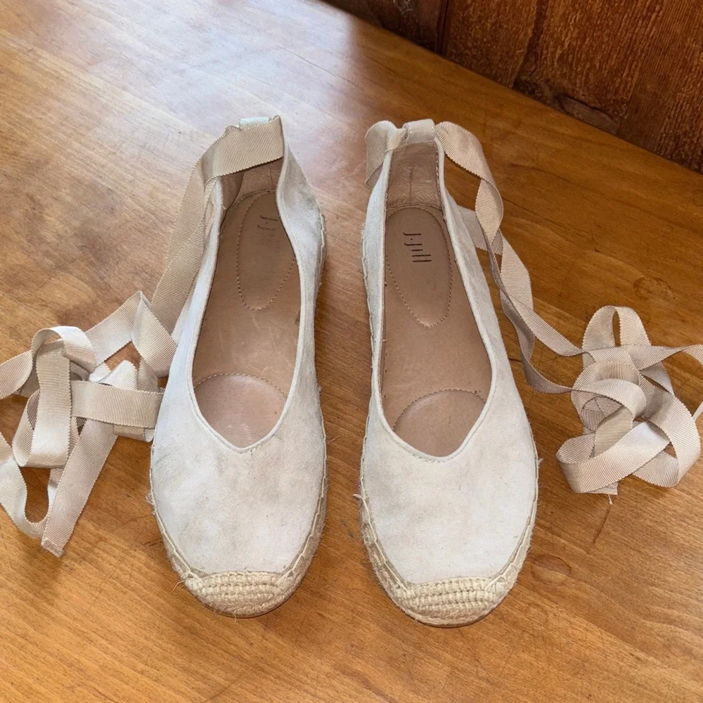 J. Jill Elegant Cream Suede Leather Flat Espadrilles, Ankle Tie Ribbon, NWOT
