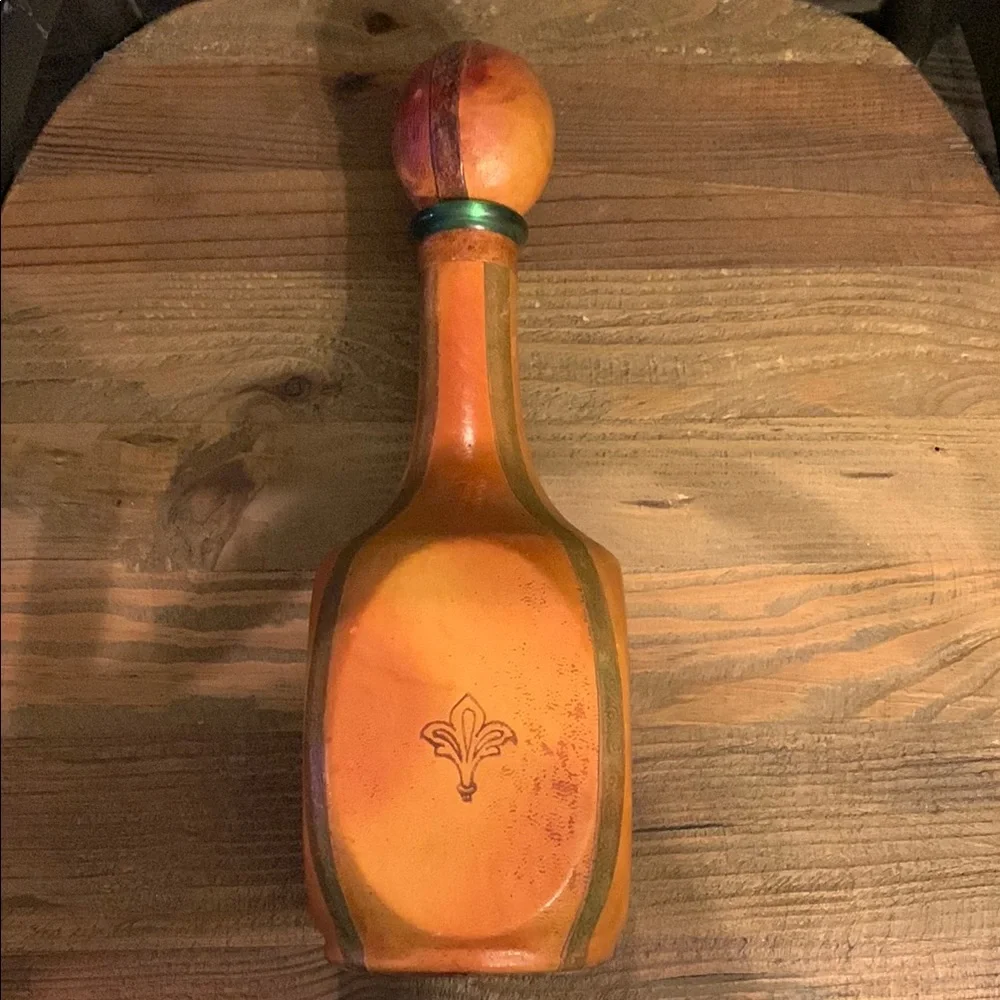 Decorative Tan Leather Ceramic Decanter with Green Accent