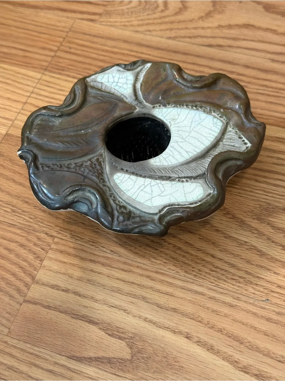 Vintage Prolon Ikebana pottery flower frog vase featuring an Art Nouveau