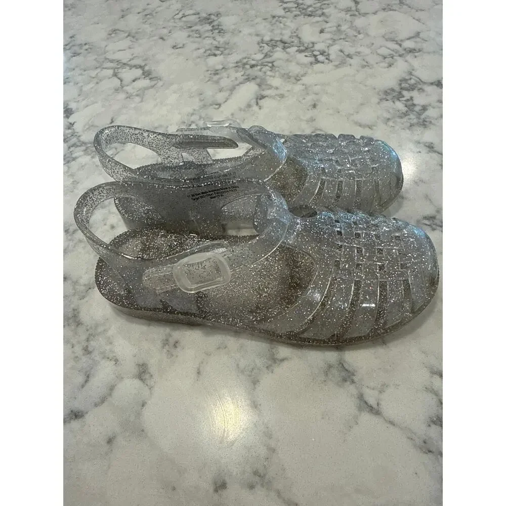 Cat & Jack Girls Jelly Sandals Size 11 Silver Glitter Sparkle Buckle