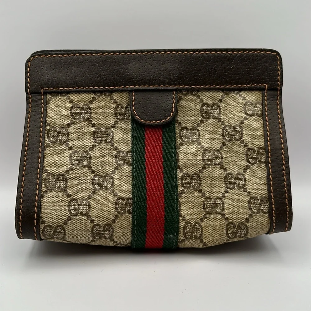 Gucci Beige Monogram Cosmetic Case with Green and Red Stripe